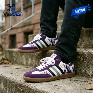 On-feet view of Ghost Purple Band Adidas Samba Shoes worn with dark jeans.
