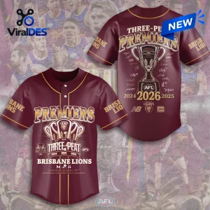 Front and back views of the Brisbane Lions 2026 AFL Premiers Maroon Baseball Jersey with championship graphics.