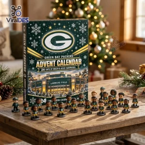 Front view of the Green Bay Packers 2026 Advent Calendar surrounded by miniature football player figurines.