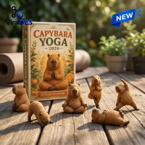 Front view of the Capybara Yoga 2026 Advent Calendar box surrounded by small capybara figurines in various yoga poses.