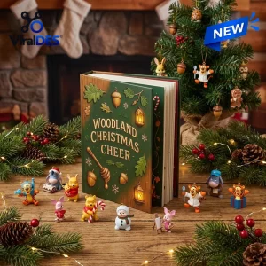 Front view of a Winnie The Pooh Christmas Advent Calendar 2026 with figurines on wood.
