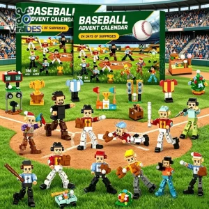 Front view of Baseball Mini Figures Advent Calendar with toy figures displayed on a baseball field.