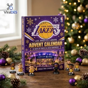 Front view of the Los Angeles Lakers 2026 Advent Calendar box with mini figurines placed in front on a holiday table setting.