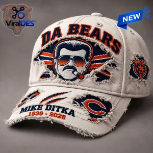 Front view of a distressed baseball cap featuring Da Bears text and embroidered graphics.