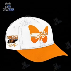 Angle view of the Tennessee Volunteers Dolly Parton Tribute Cap in white and orange with butterfly graphic.