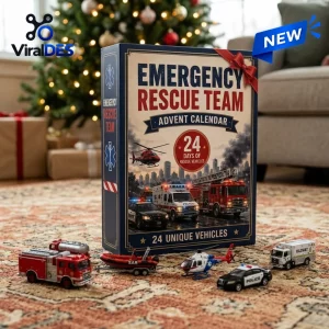 Front view of the Emergency Rescue Team Advent Calendar 2026 box with toy vehicles displayed on carpet.