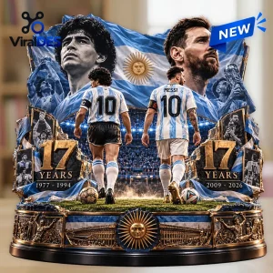 Front view of an Argentina National Football Team Maradona x Messi Figurine on a stadium base.