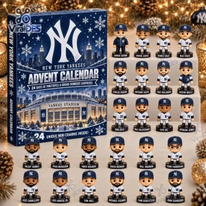 Front view of New York Yankees advent calendar next to twenty four mini player figurines.