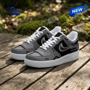 Side view of Star Wars Mandalorian Air Force 1 Sneaker on wooden planks.