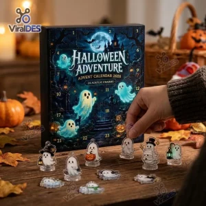 Front view of the Halloween 2026 Ghost Advent Calendar with acrylic charms displayed on a wooden table.