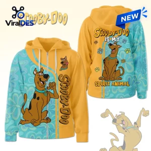 Front and back view of the Scooby-Doo Spirit Animal Zip-Up Hoodie with yellow and blue floral design.