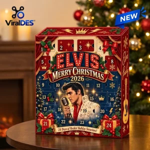 Front view of an Elvis Presley Christmas Advent Calendar with twenty-four numbered holiday windows on a wooden table.