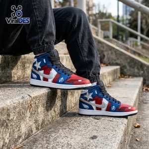 Side view of Marvel Captain America Air Jordan 1 High Top Sneakers worn on outdoor stone steps.