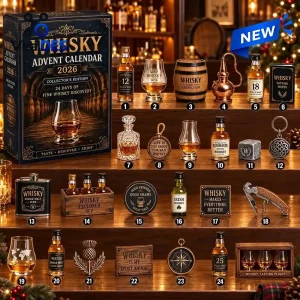 Front view of Whisky 2026 Collectors Edition Advent Calendar box alongside numbered miniature bottles and tasting glasses.