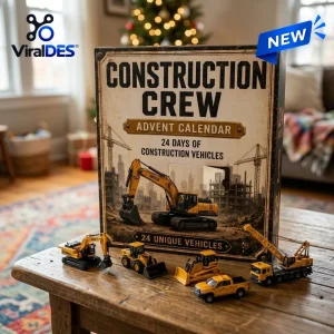 Front view of Construction Crew Advent Calendar 2026 box with toy vehicles on a table.