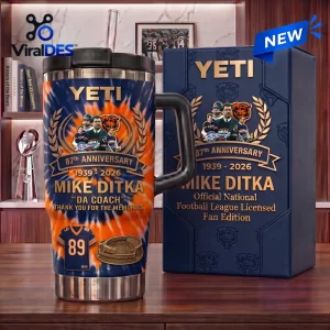 Front view of Mike Ditka Chicago Bears 87th Anniversary Tumbler with a handle and box.