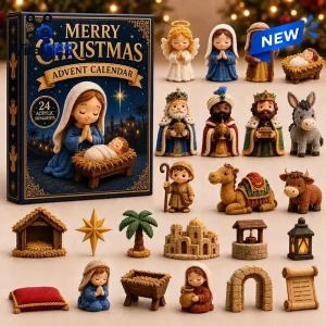 Front view of Holy Night Nativity Christmas Advent Calendar 2026 box and its 24 miniature figurines.