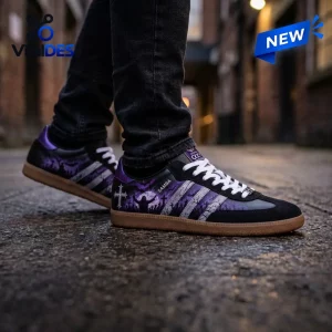 Side view of Adidas Ozzy Osbourne Samba Shoes featuring purple graveyard graphics and gum soles.