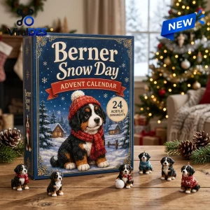 Front view of the Berner Snow Advent Calendar 2026 with puppy figurines on a wooden table.