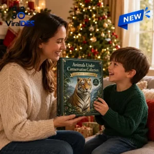 Front view of mother and child holding the Animals Under Conservation Collection Advent Calendar 2026 indoors.