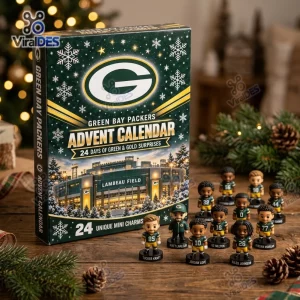 Front view of the Green Bay Packers 2026 Advent Calendar box alongside collectible mini figures.