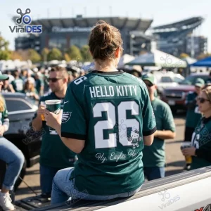 Back view of a person wearing the Hello Kitty x Philadelphia Eagles Football Jersey at a stadium tailgate.