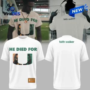 Front and back view of a Faith Walker He Died For Us white t-shirt featuring green lettering and portrait graphics.