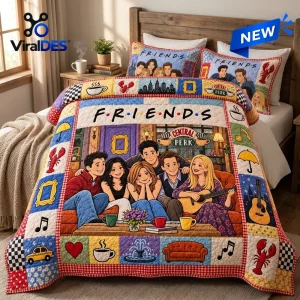 Front view of a Friends Central Perk patchwork quilt set on a wooden bed frame.