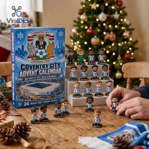 Front view of the Coventry City FC Advent Calendar box next to small player figurines.