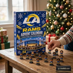 Front view of Los Angeles Rams 2026 Advent Calendar box on a wooden table with miniature player figurines.