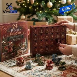 Front view of the 24 Days of Dragons Advent Calendar with numbered drawers and miniature dragon figurines.