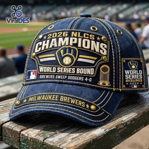 Front view of Milwaukee Brewers 2026 NLCS Champions Cap resting on a wooden surface.