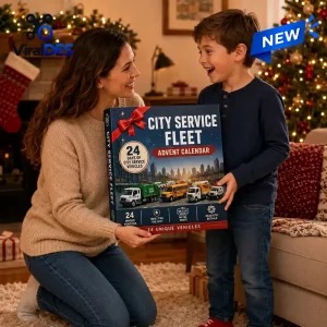 Mother and young boy holding a blue City Service Fleet Advent Calendar 2026 box indoors near a decorated tree.