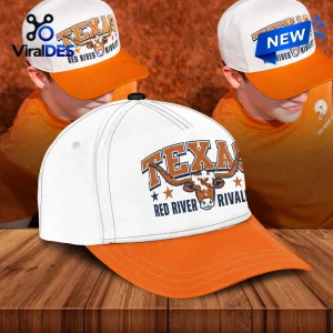 Close-up front view of a white and orange baseball cap with Texas Longhorns Red River Rivalry text graphic.