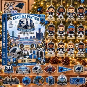 Front view of Carolina Panthers 31st Anniversary Advent Calendar with football player figurines.