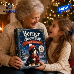 An older woman and young girl smiling while holding the Berner Snow Advent Calendar 2026 box indoors.