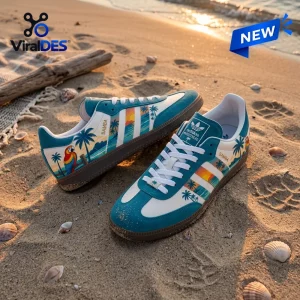 Teal Samba Shoes with tropical beach scene, parrot, and palm trees placed on sandy beach.
