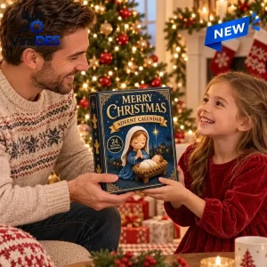 Father and daughter holding the Holy Night Nativity Christmas Advent Calendar 2026 indoors.