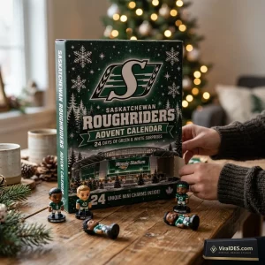 Front view of Saskatchewan Roughriders 2026 Advent Calendar on a wooden table with mini figurines.