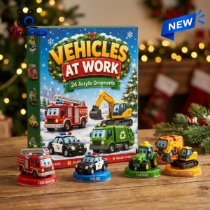Front view of the Working Vehicles Advent Calendar box displayed with four acrylic vehicle figurines.