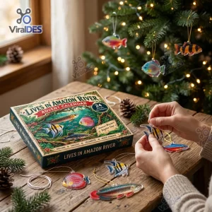 Hands holding fish ornaments next to an Amazon River Fish Species 2026 Advent Calendar box on a wooden table.