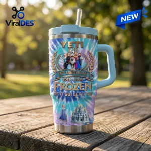 Front view of a light blue insulated tumbler featuring cartoon characters and Frozen 13th Anniversary theme.