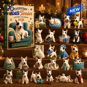 Front view of Everyday Bull Terrier Advent Calendar 2026 box alongside twenty-four miniature dog figurines on wooden shelves.