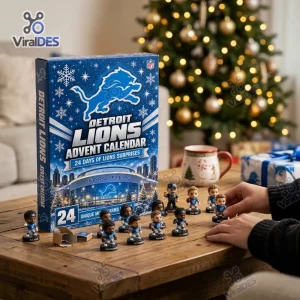Detroit Lions NFL Advent Calendar 2026 box with small figurines on a wooden table.