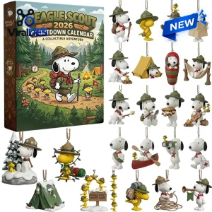 Front view of Peanuts Snoopy Beagle Scout 2026 Advent Calendar box alongside twenty miniature character figurines.