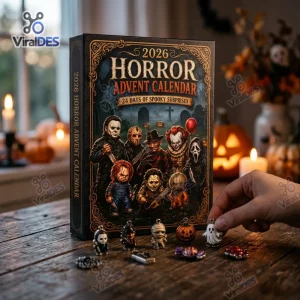 Front view of Horror Movie Advent Calendar 2026 box with spooky figures and charms on wooden table.