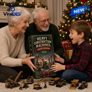 Family holding a green Heavy Construction Machines Advent Calendar 2026 near a Christmas tree.