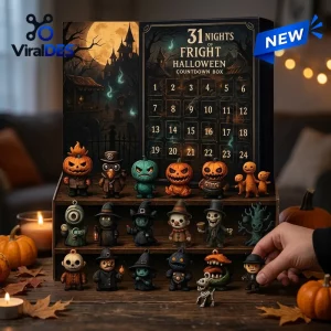 Front view of a Halloween Countdown Advent Calendar with numbered doors and miniature figures displayed on wooden shelves.