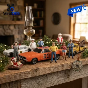 Front view of The Dukes of Hazzard 2026 Advent Calendar miniature figures and vehicles on mantelpiece.