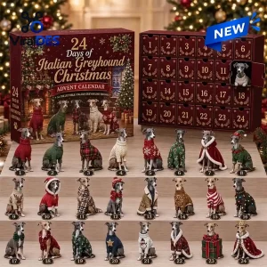 Front view of Italian Greyhound Christmas Advent Calendar 2026 with twenty four numbered drawers and figures.